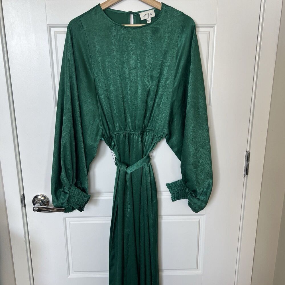 Aura Emerald Green Satin Maxi Dress With A Tie Belt Slit Long Puff Sleeves Small